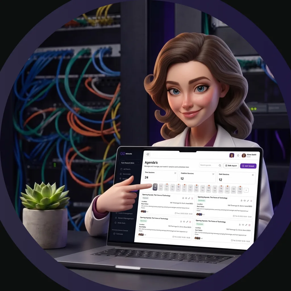 Alia, die KI-Event-Assistentin von eBrainGo, zeigt auf eine Event-Agenda auf einem Laptop
