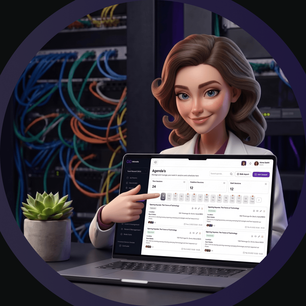 Alia, the eBrainGo AI event assistant, pointing at an event agenda on a laptop