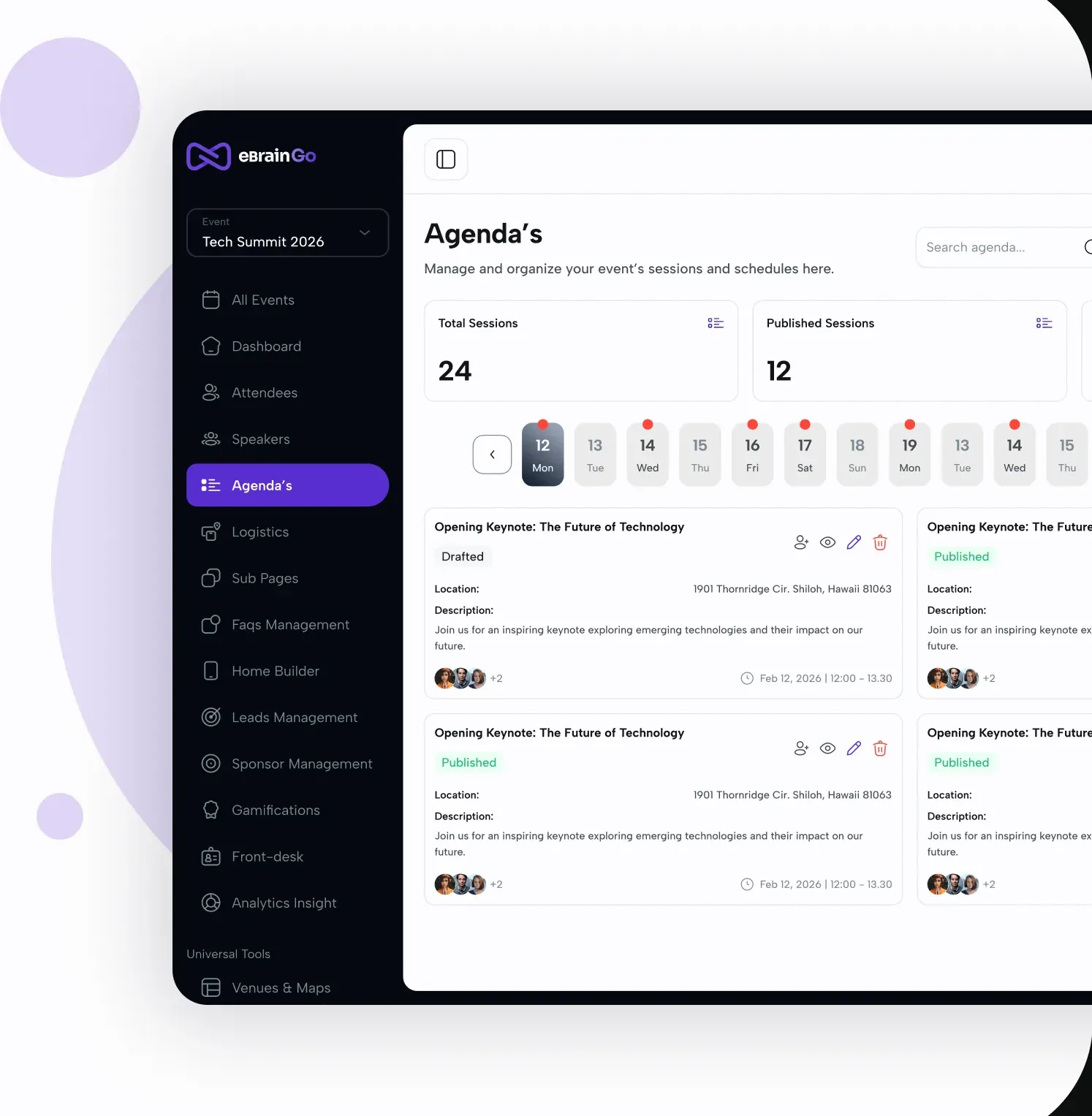 A multi-track event agenda being edited in the eBrainGo dashboard