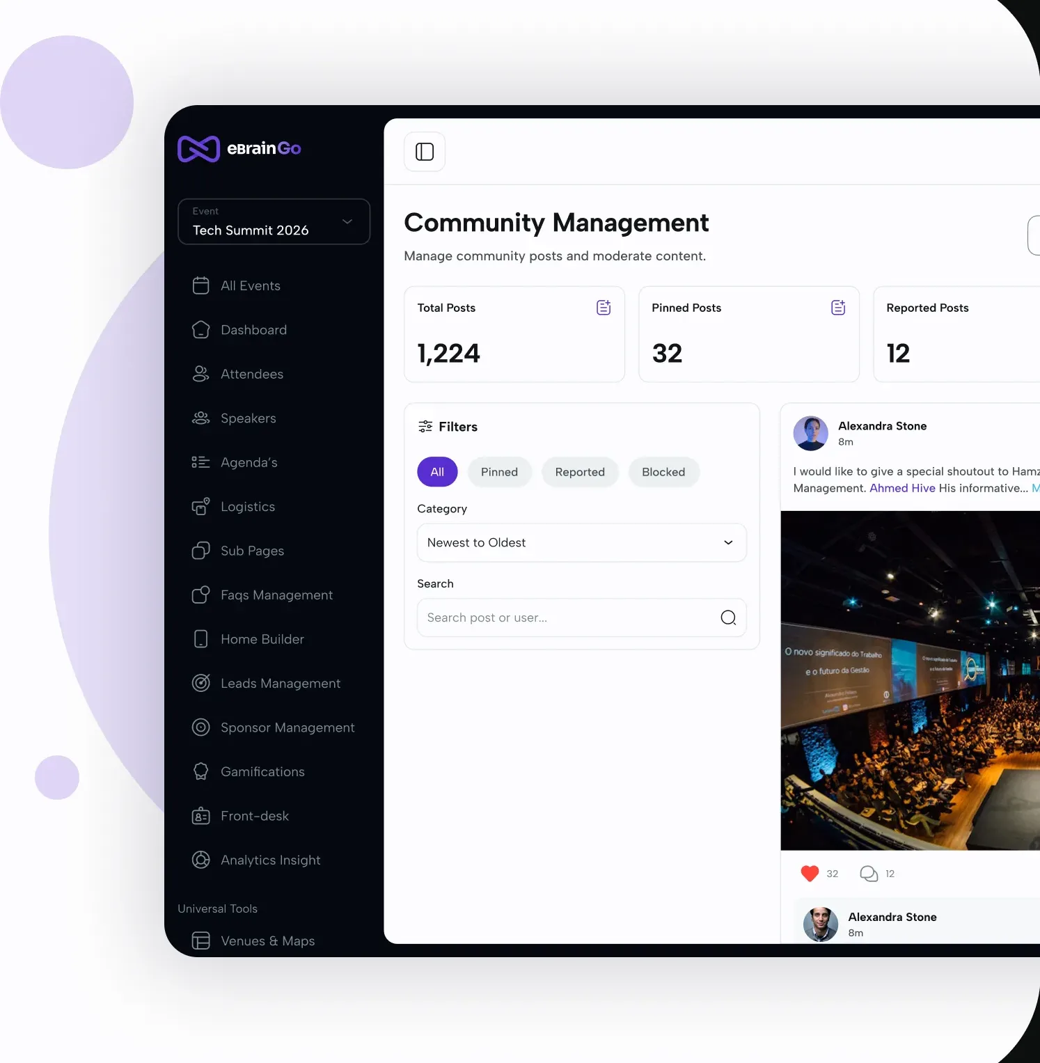 The moderated community feed inside the eBrainGo dashboard
