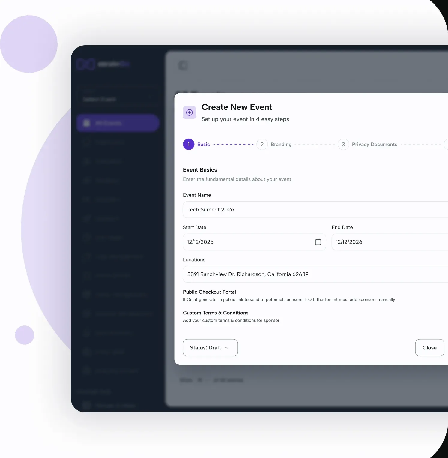 The eBrainGo admin dashboard open on the event creation screen