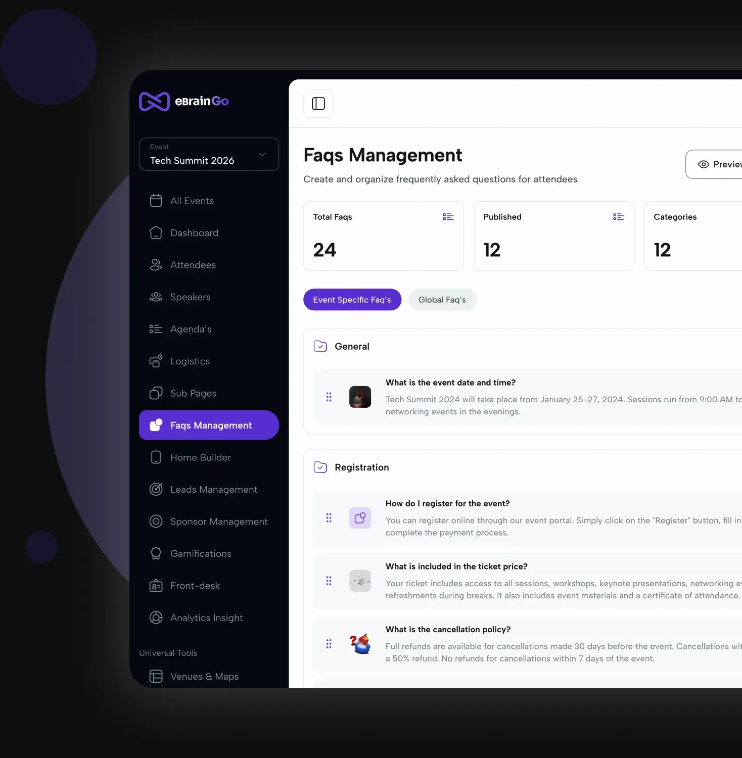 A searchable event FAQ library in the eBrainGo dashboard