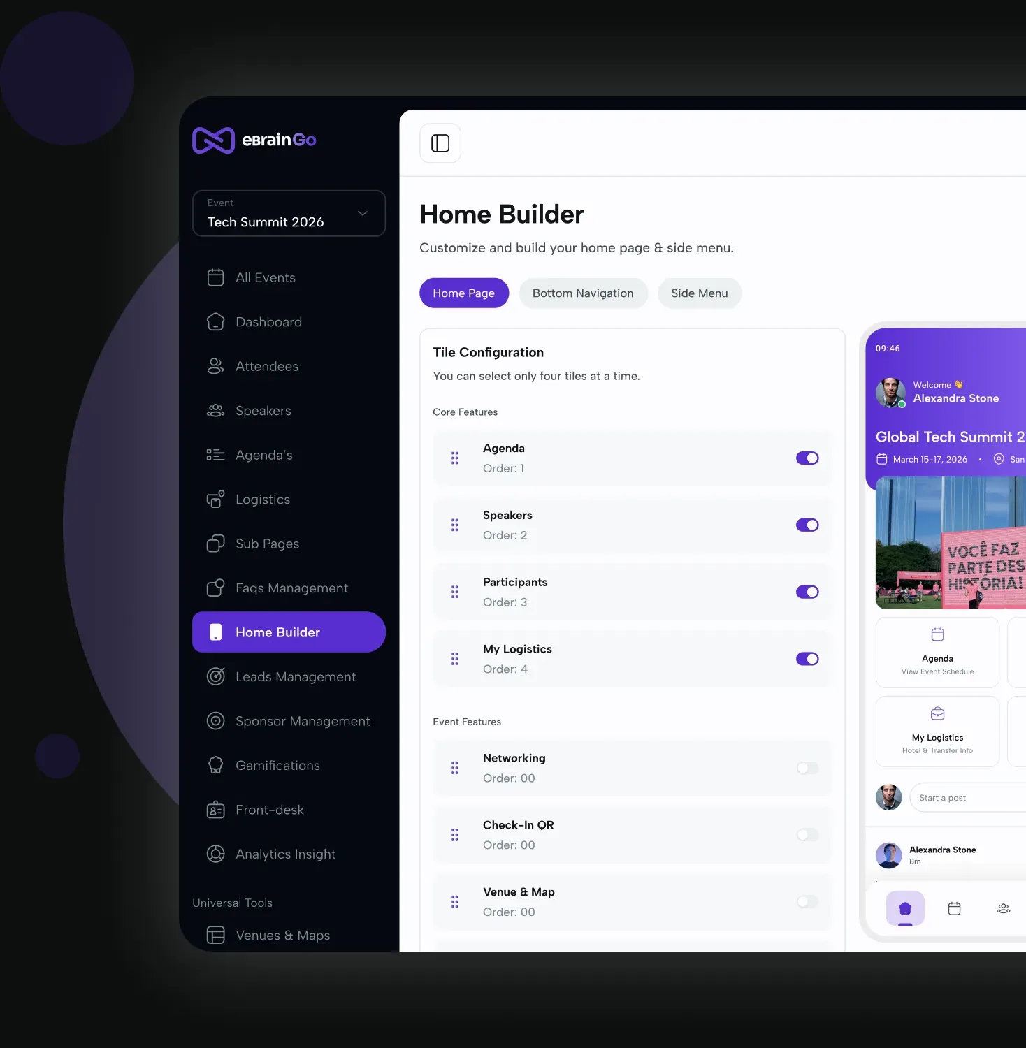 The eBrainGo home builder arranging widgets on an event home screen