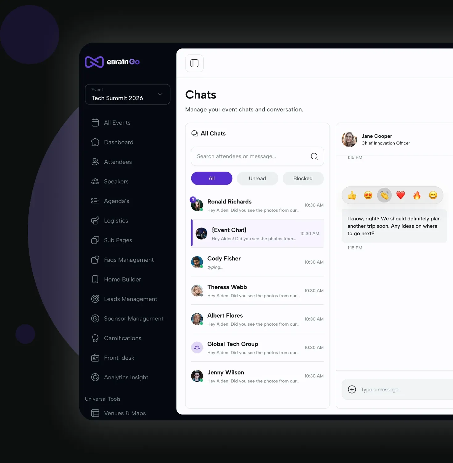 Direct messages between attendees and organizers in eBrainGo