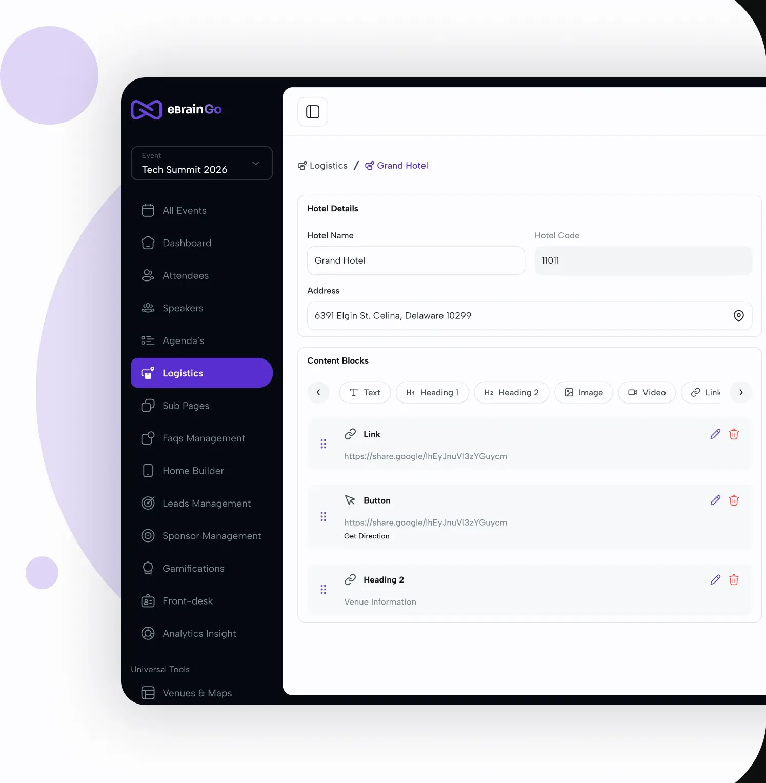 Event logistics and practical details in the eBrainGo dashboard