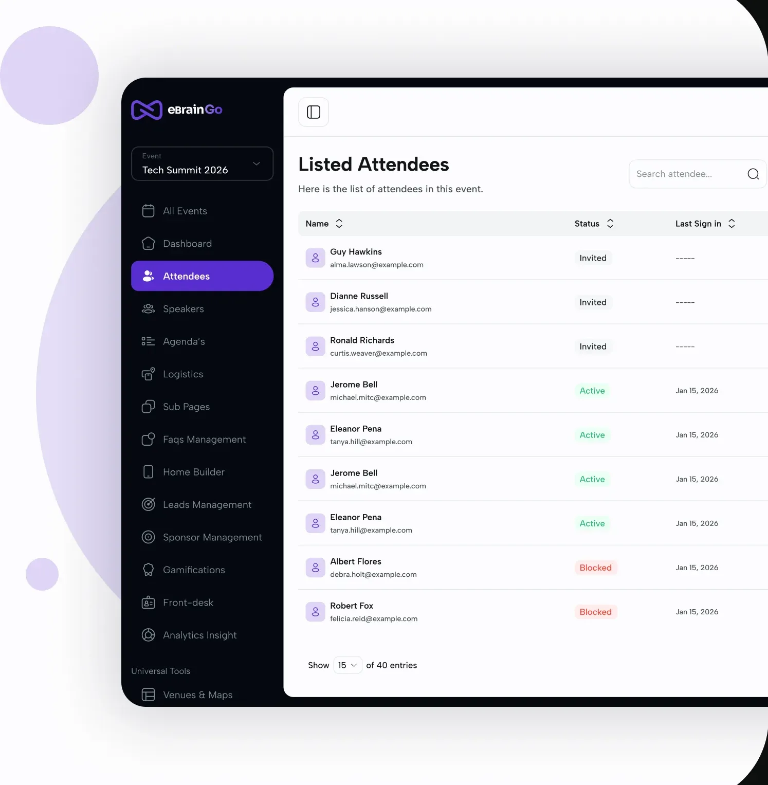 Attendee profiles and networking preferences in the eBrainGo dashboard