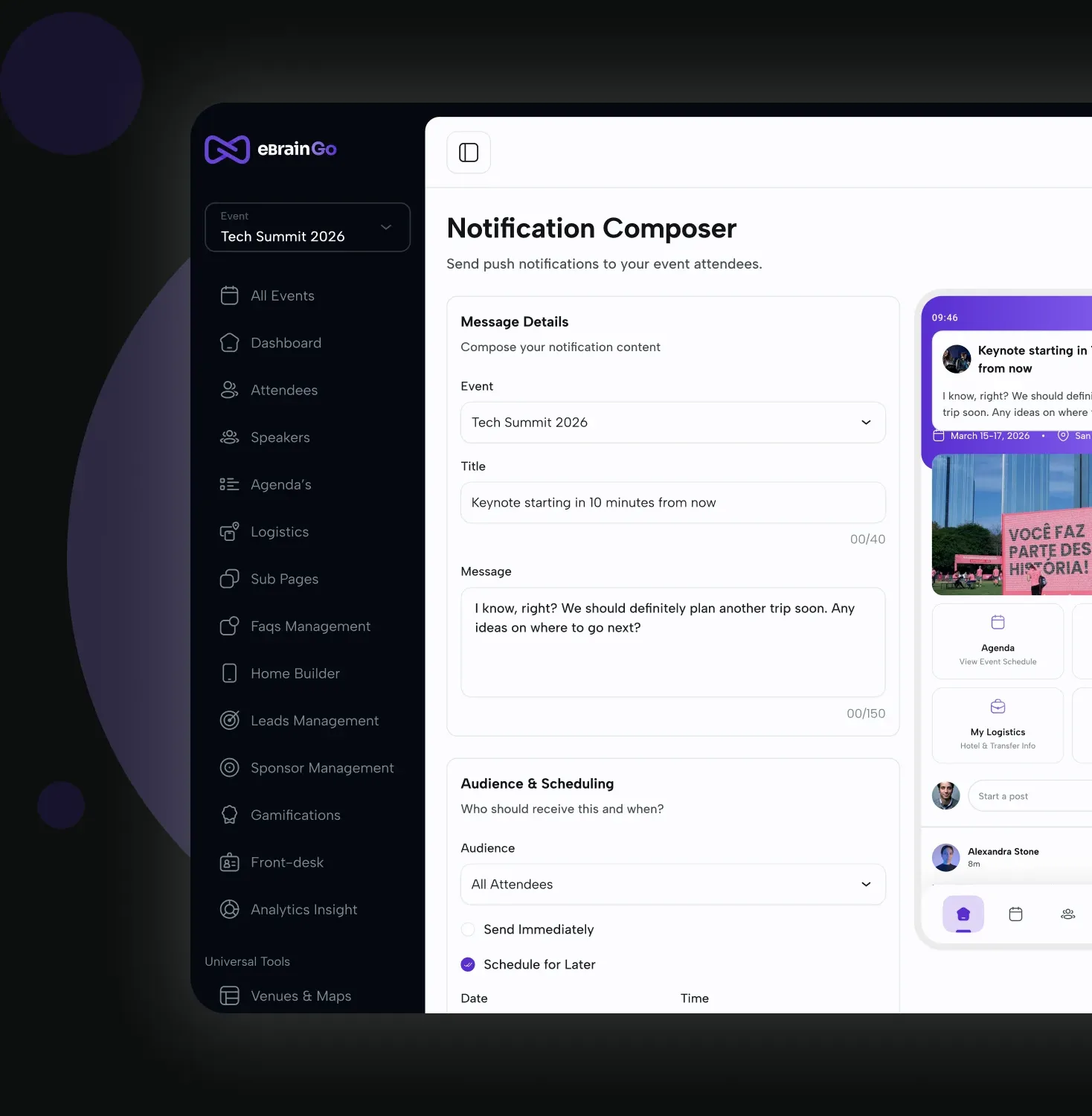 Composing a targeted push notification in the eBrainGo dashboard