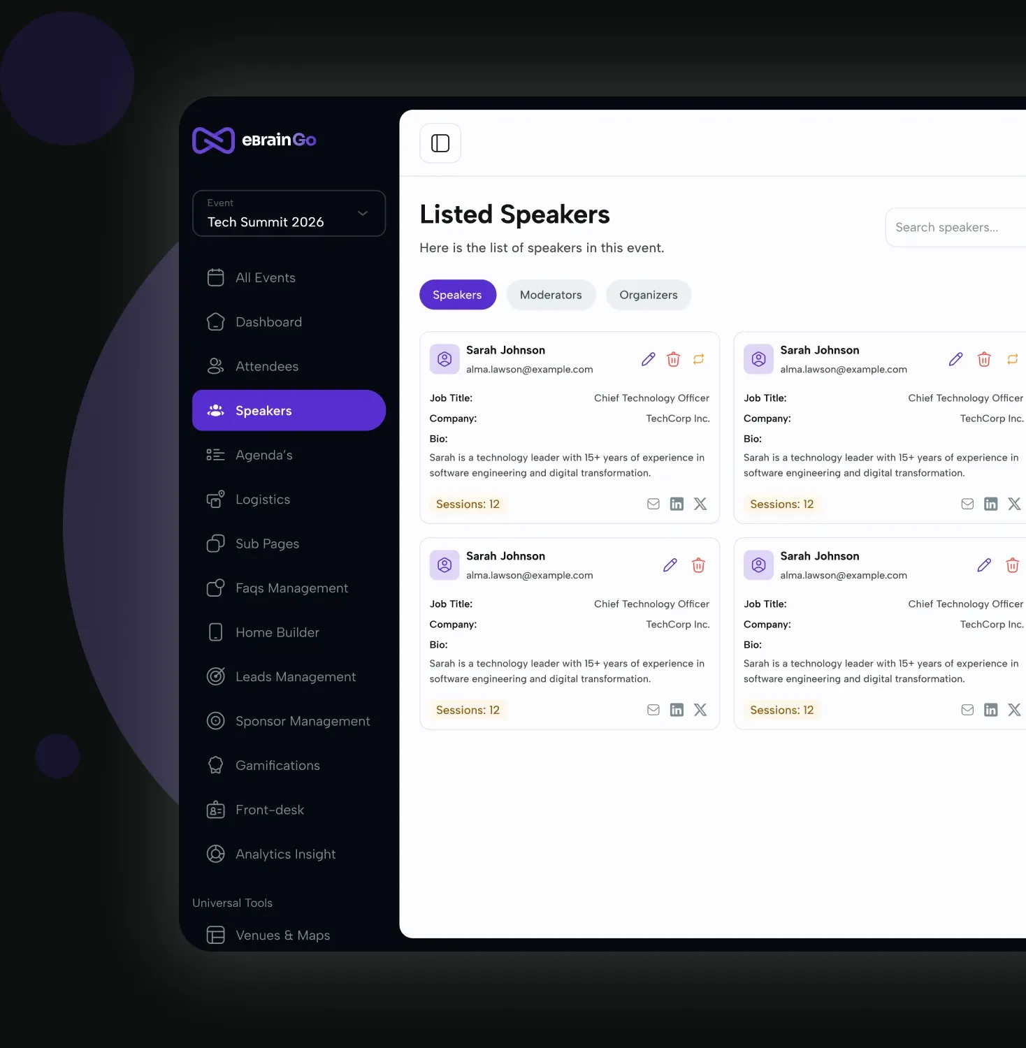 Speaker profiles and session assignments in the eBrainGo dashboard