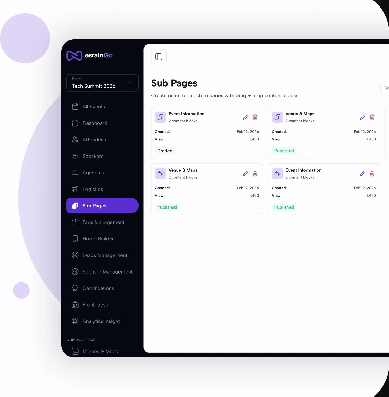 Custom event information sub-pages in the eBrainGo dashboard