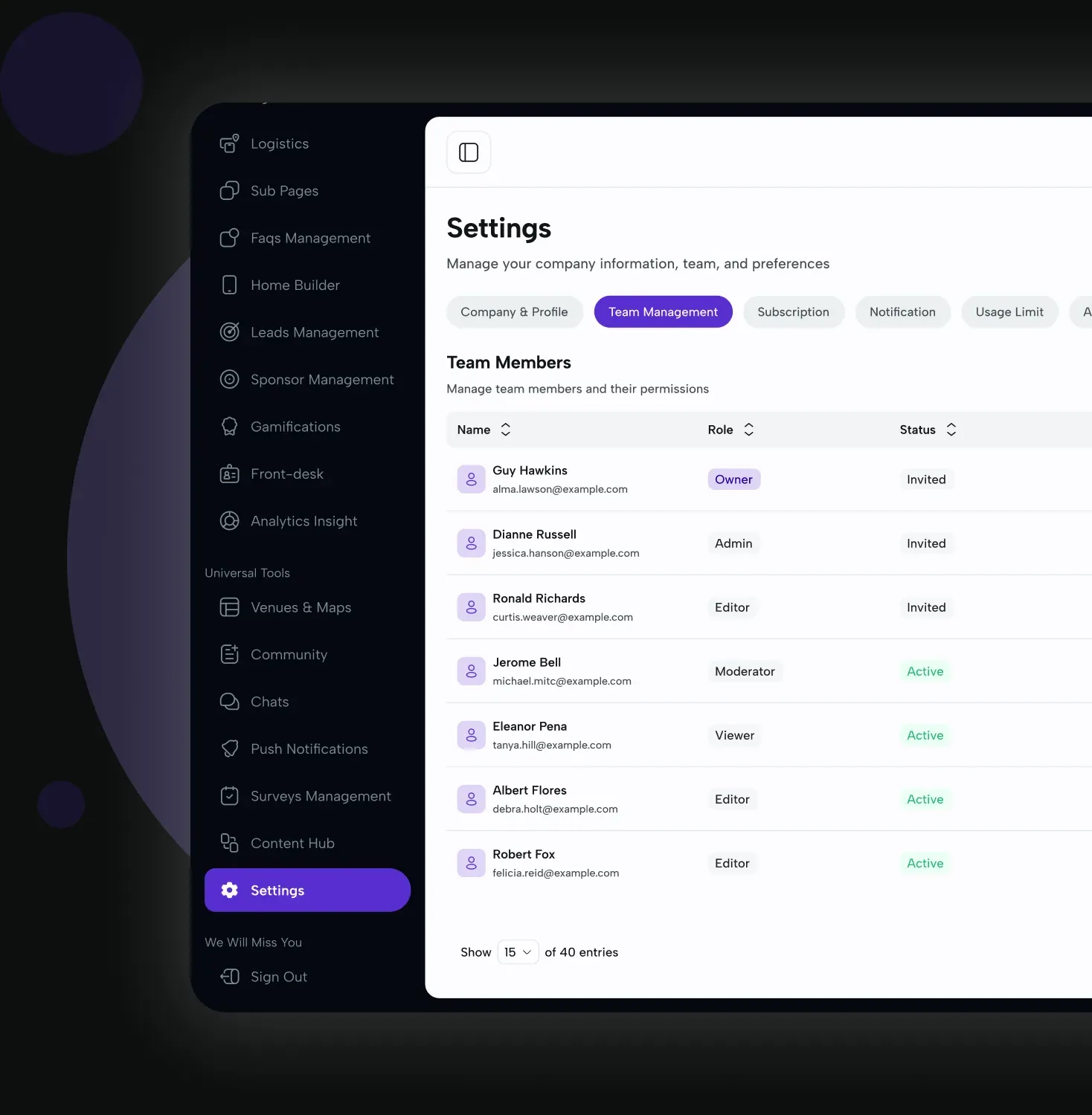 Role-based team permissions in the eBrainGo dashboard