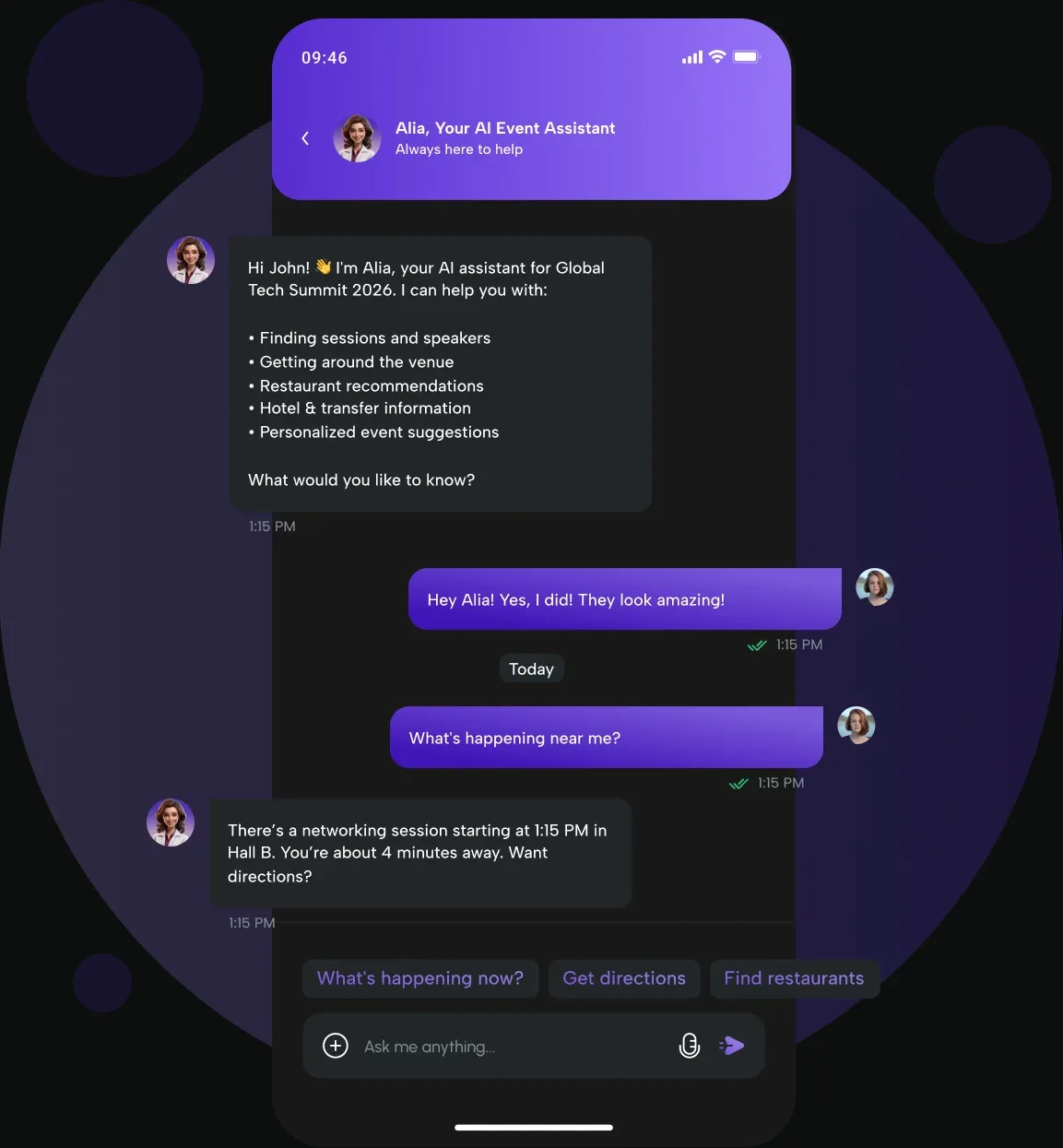 Alia, the eBrainGo AI event assistant, chatting about sessions and directions in the mobile app