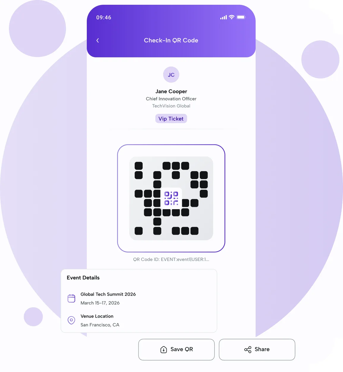 Attendee check-in QR code in the eBrainGo mobile app