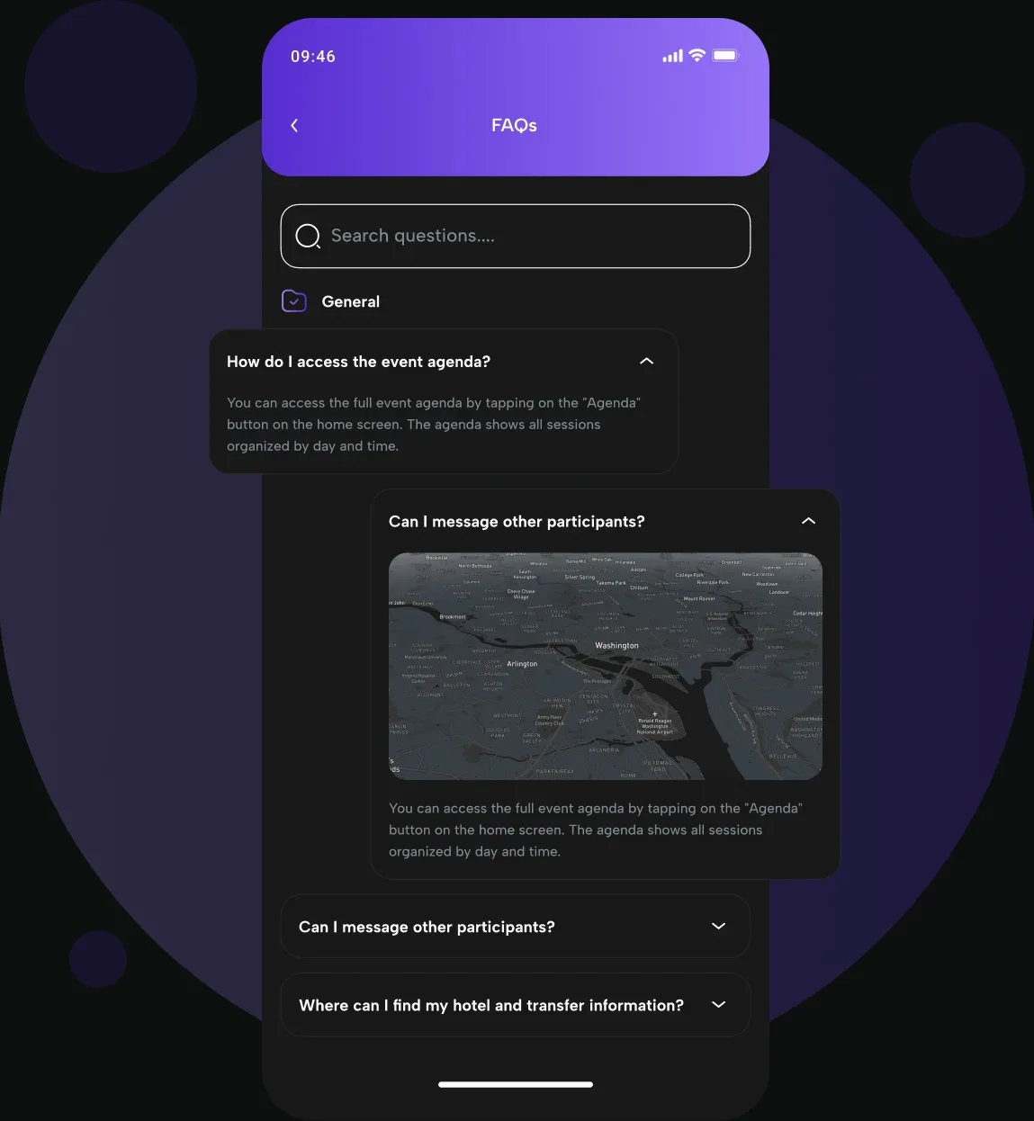 Searchable event FAQ hub in the eBrainGo mobile app
