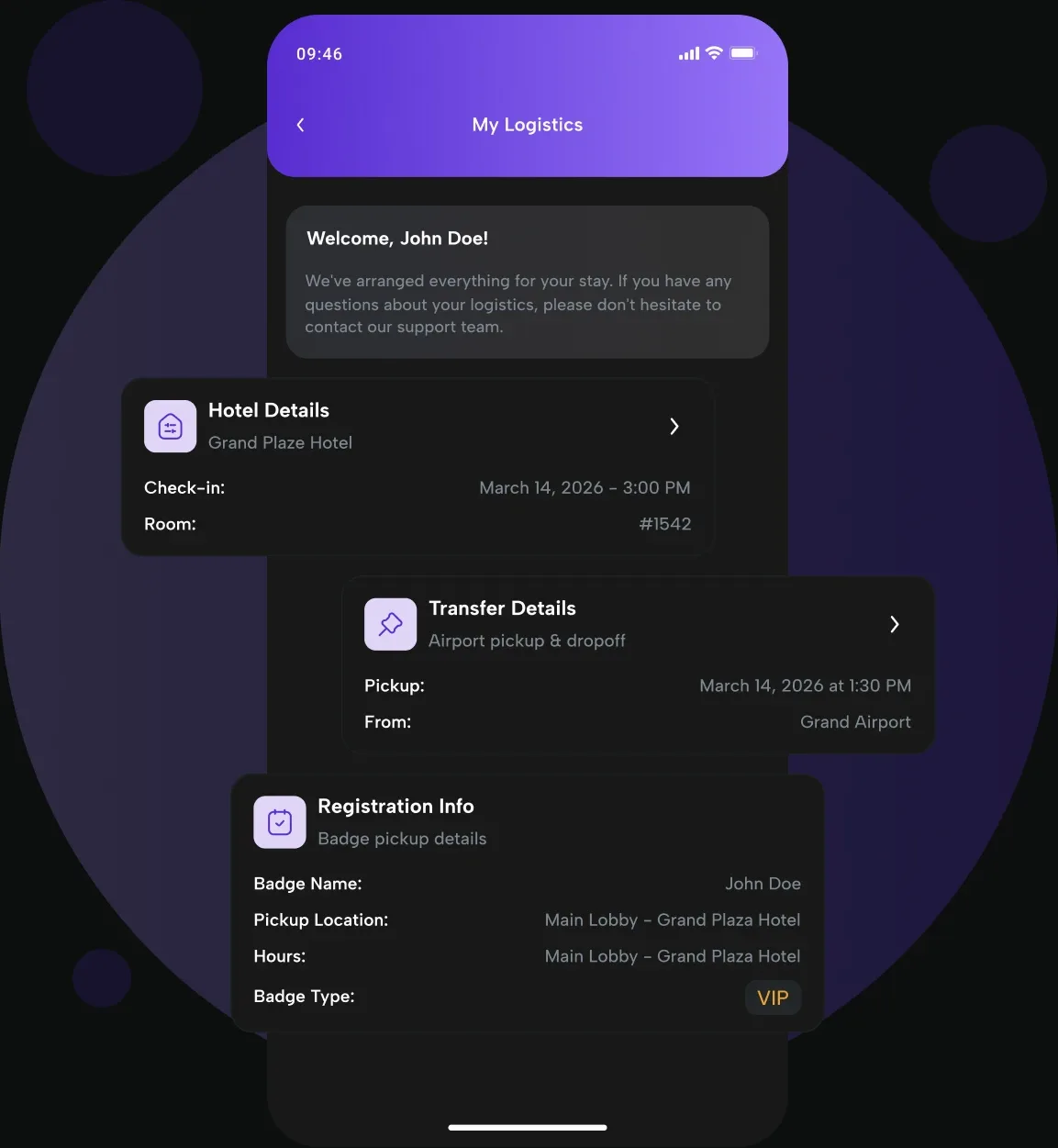 Personal logistics details in the eBrainGo mobile app