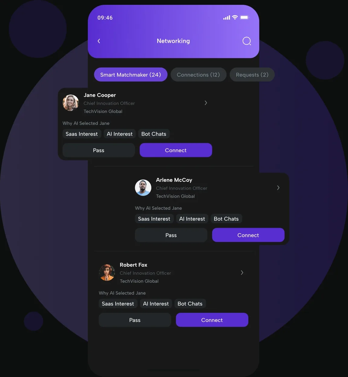 AI-matched networking suggestions in the eBrainGo mobile app