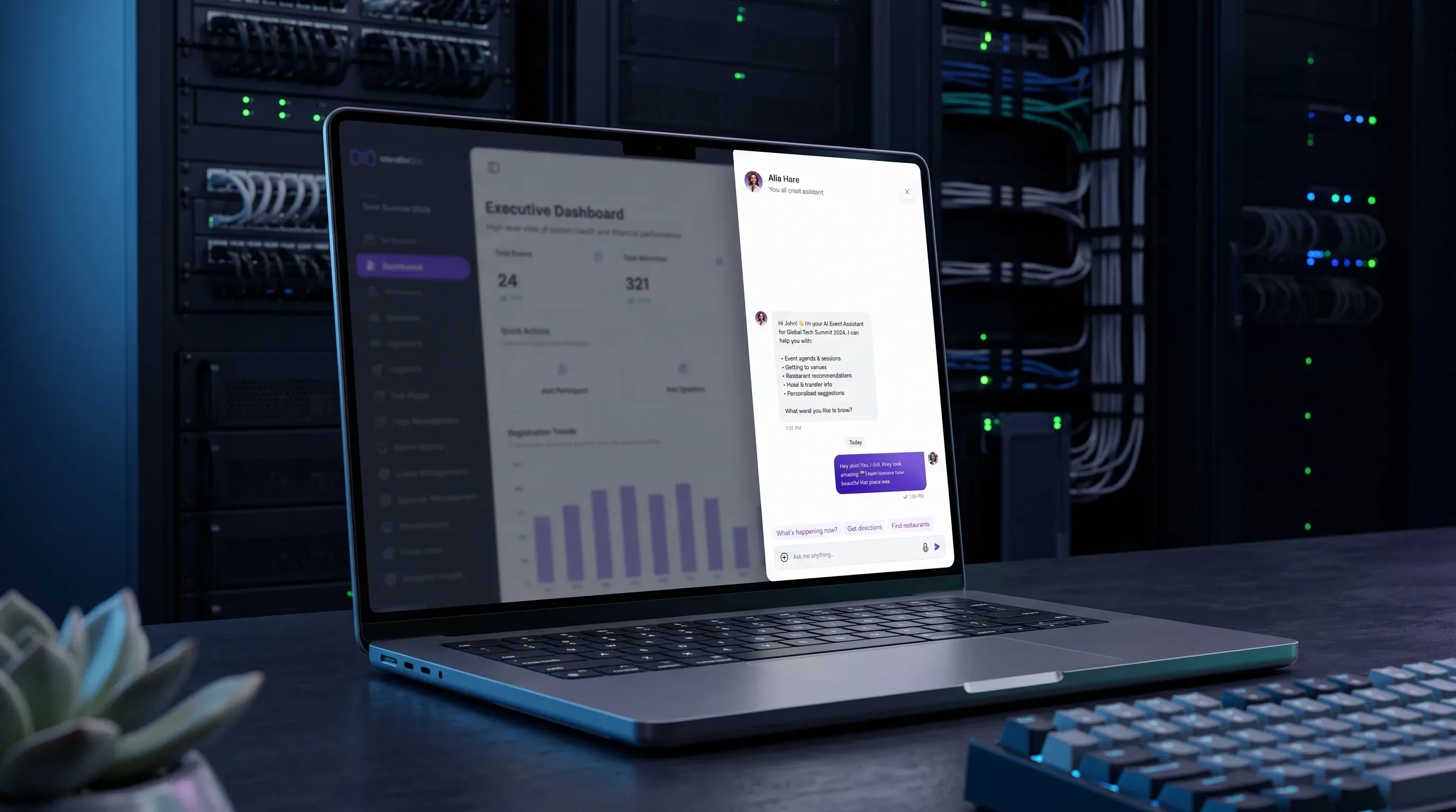 A laptop showing the AI event assistant in the eBrainGo admin dashboard