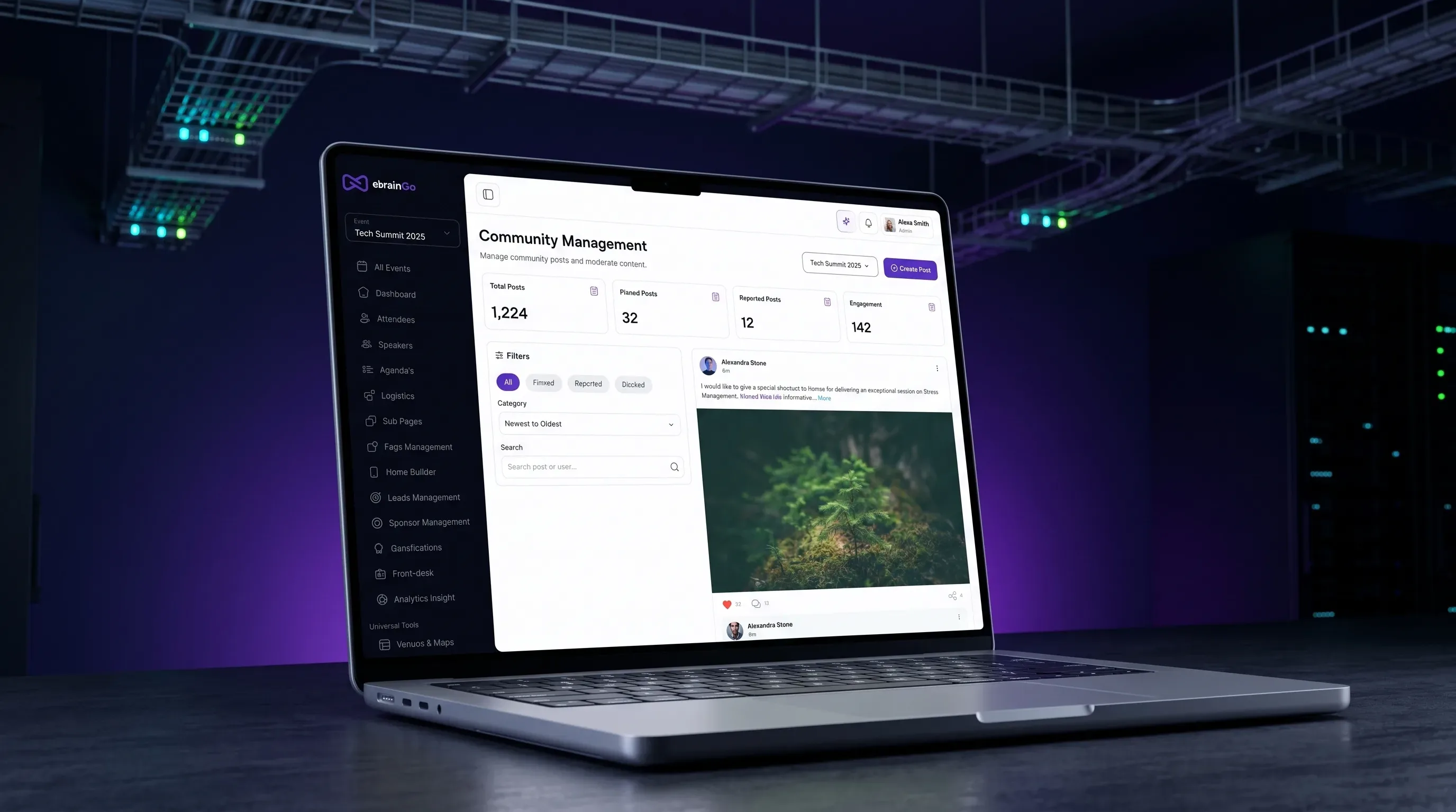 A laptop showing the moderated community feed in the eBrainGo admin dashboard