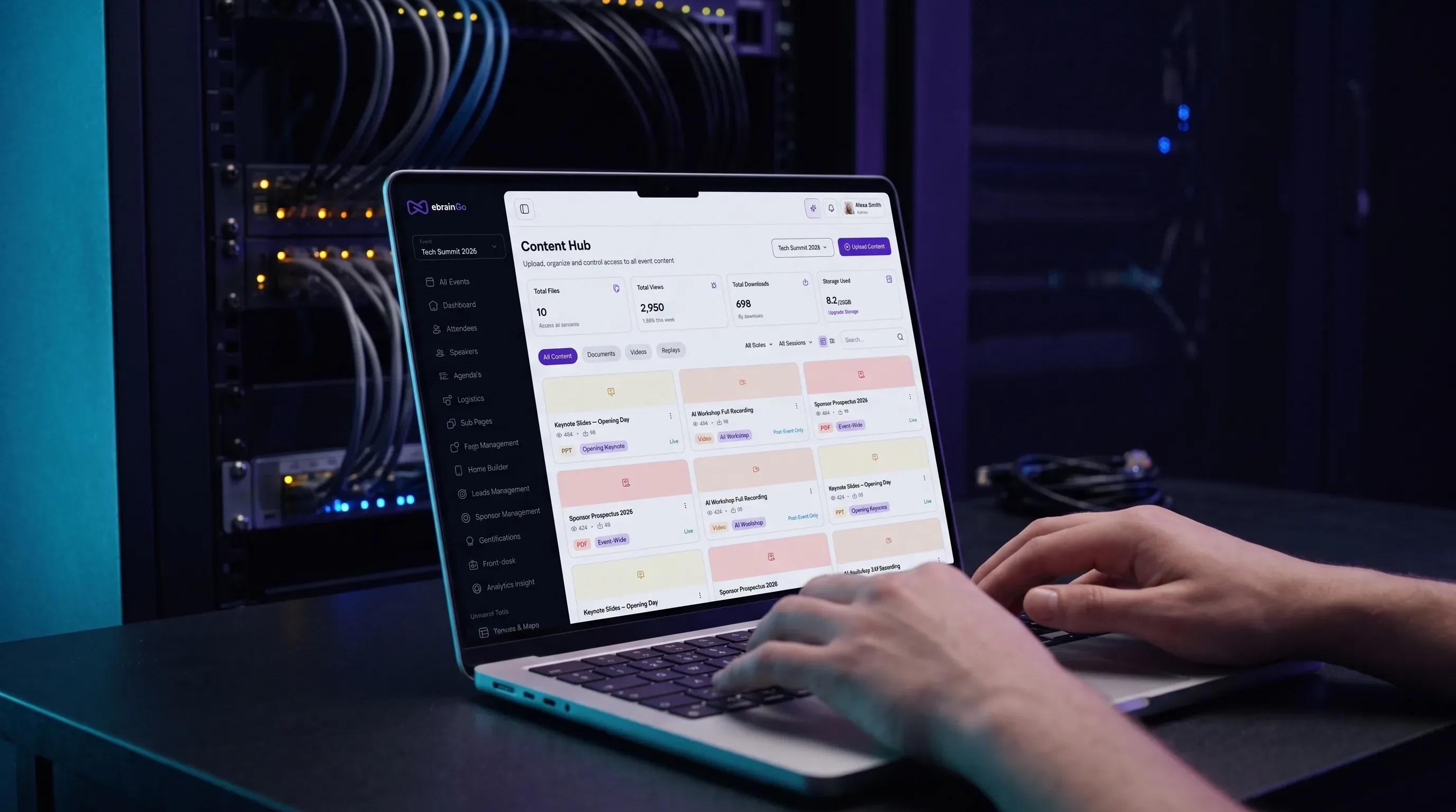 A laptop showing the content hub library in the eBrainGo admin dashboard