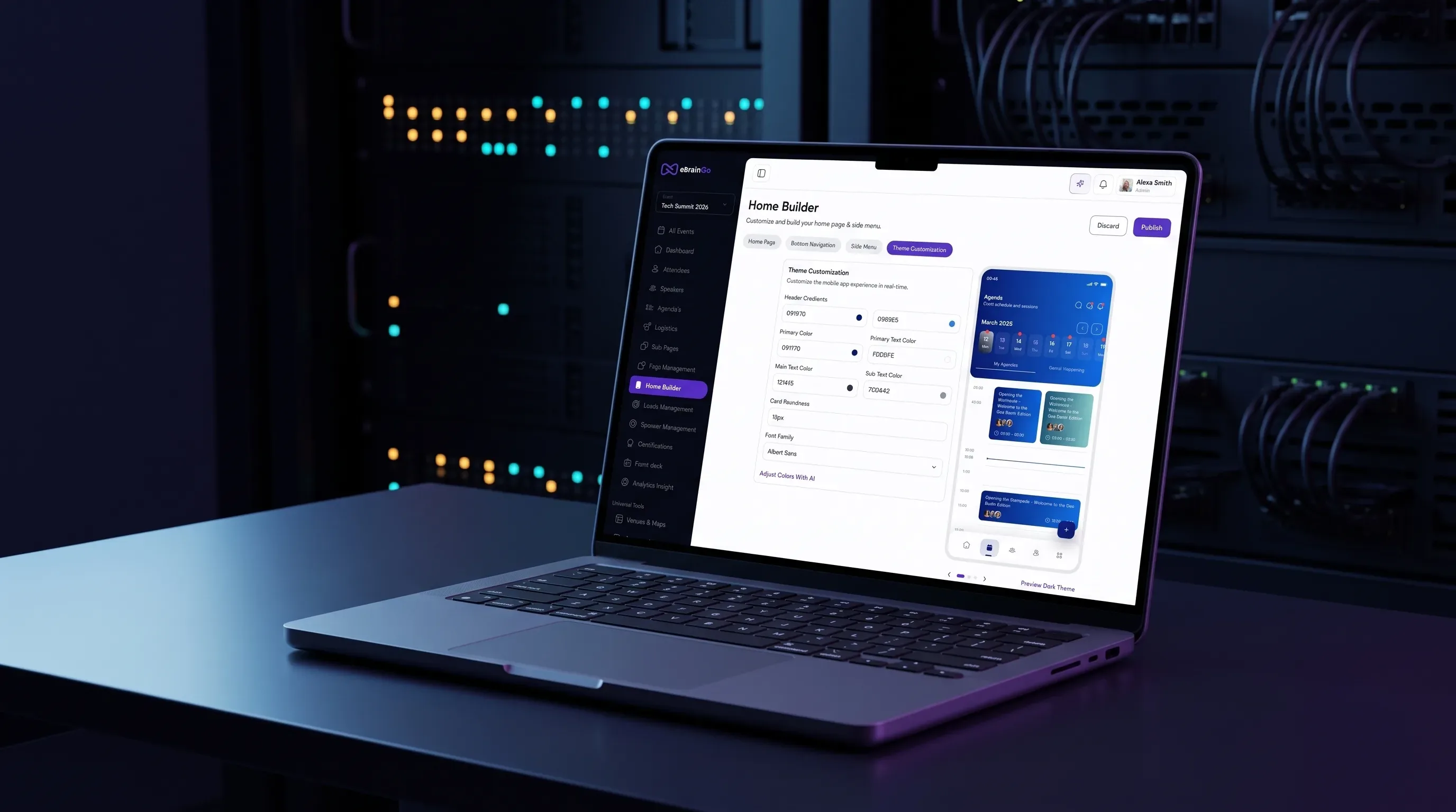 A laptop showing custom theme and branding controls in the eBrainGo admin dashboard