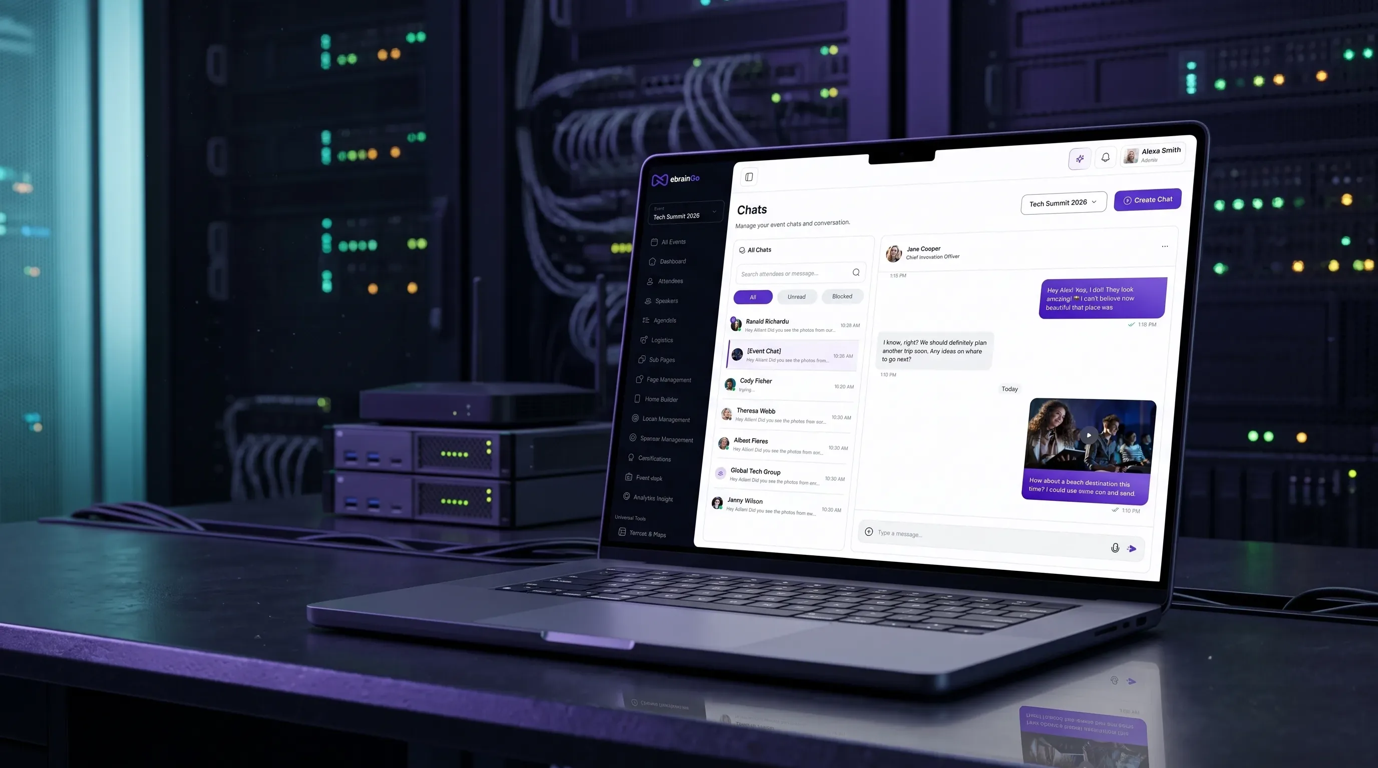A laptop showing in-app chat management in the eBrainGo admin dashboard
