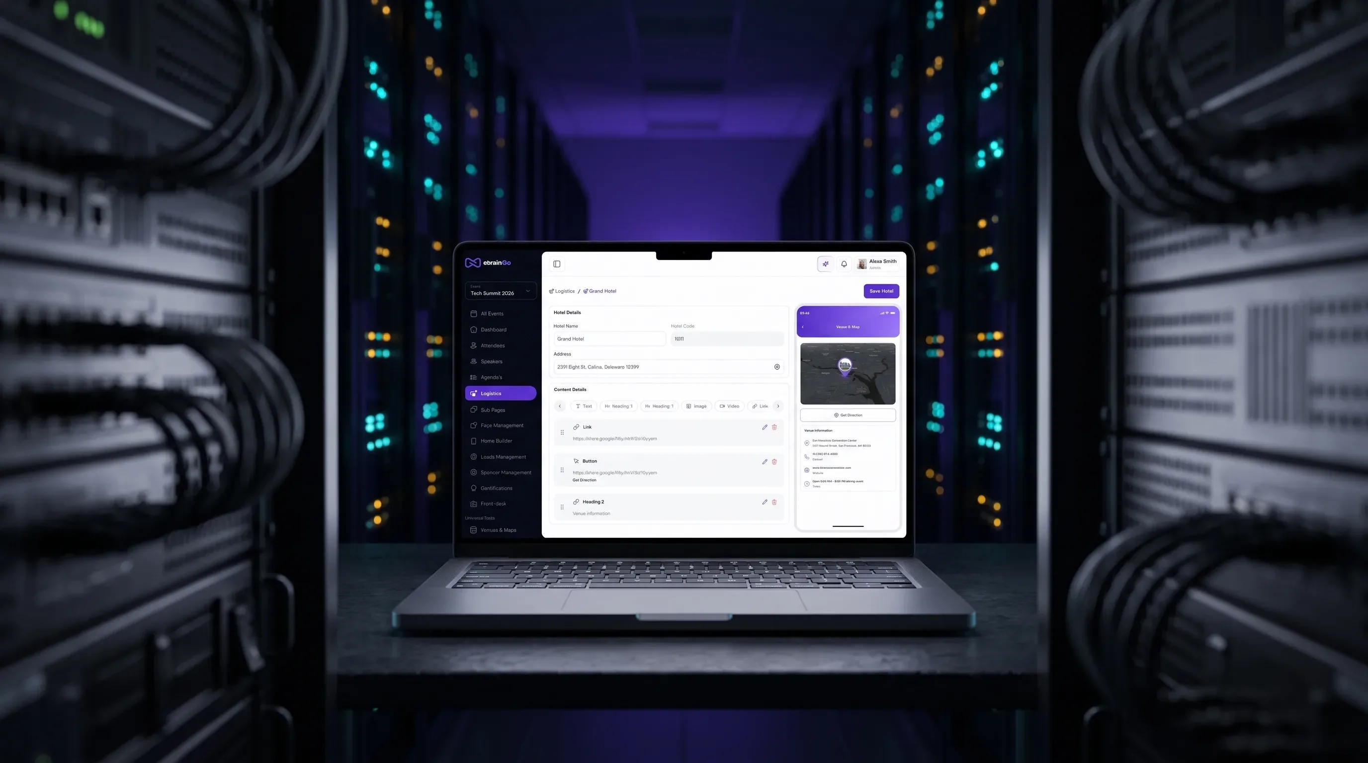 A laptop showing per-attendee travel, accommodation and transfer details in eBrainGo