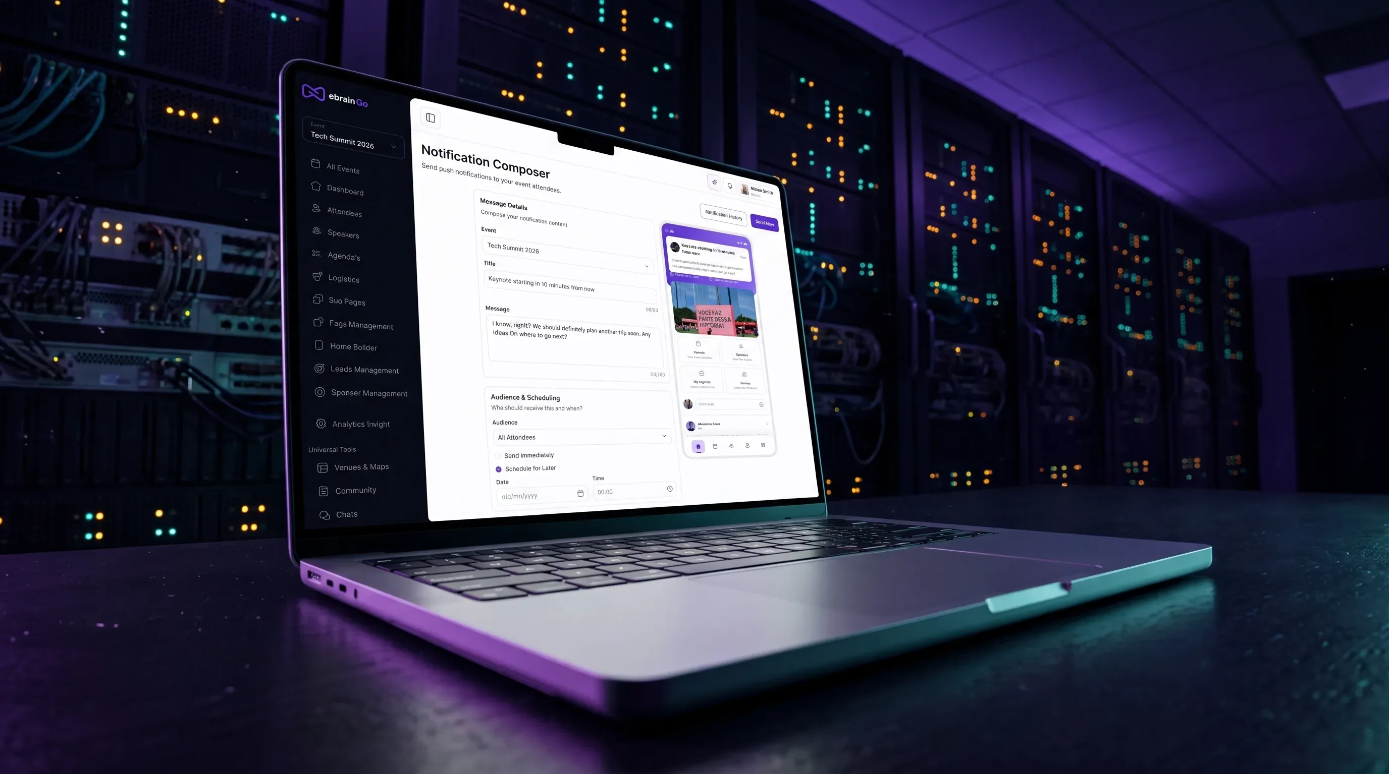 A laptop showing push notification targeting in the eBrainGo admin dashboard