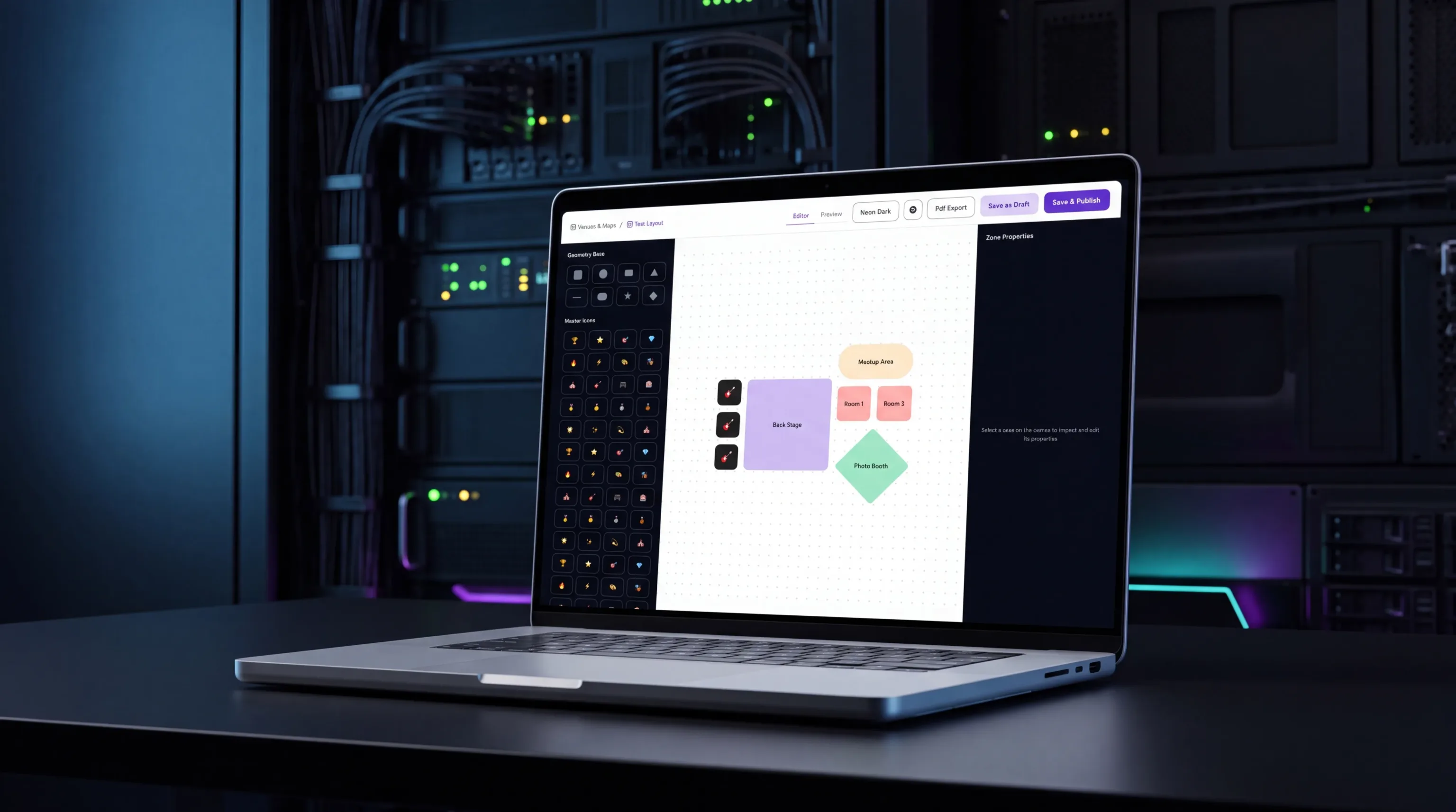 A laptop showing interactive venue maps in the eBrainGo admin dashboard
