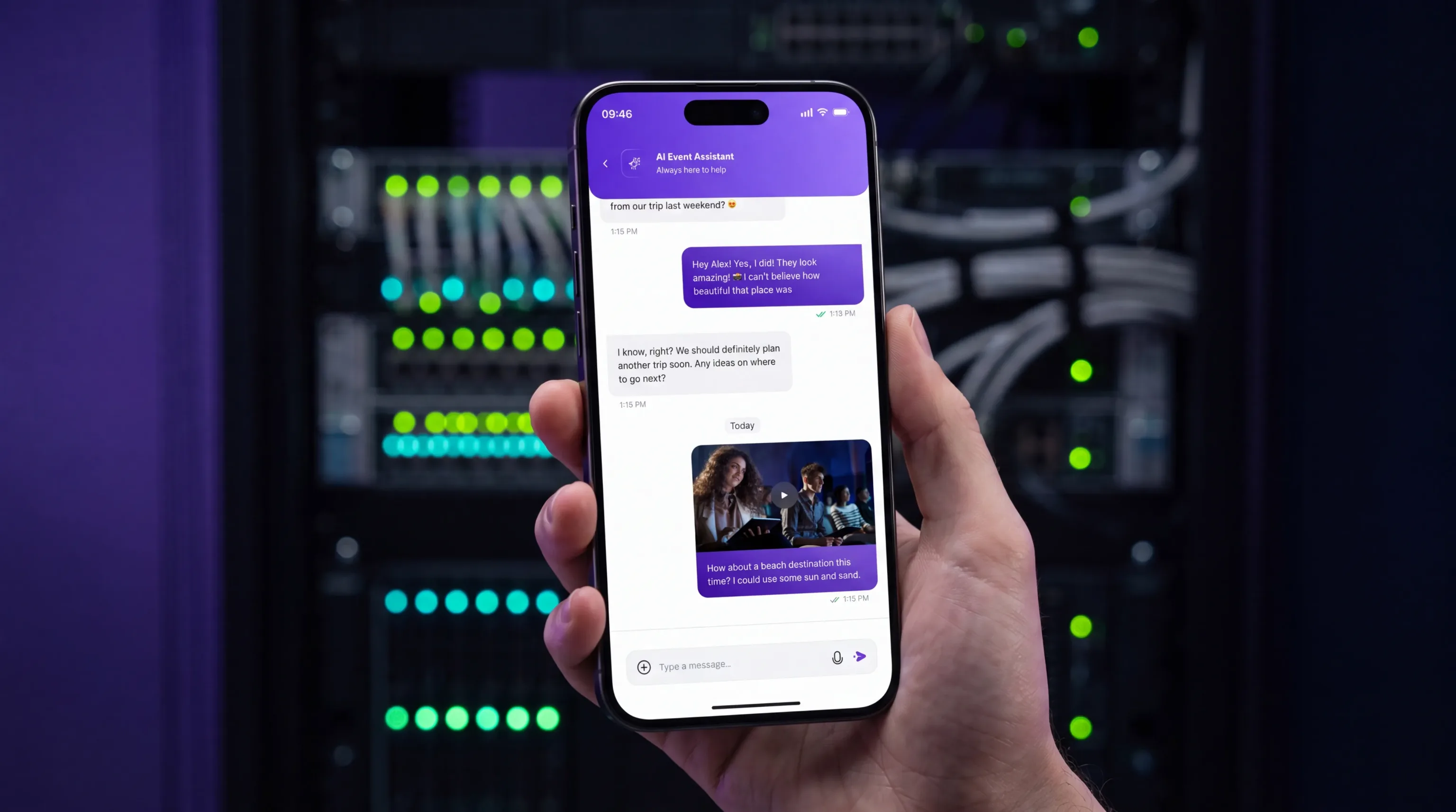 A phone showing the AI assistant chat in the eBrainGo attendee app