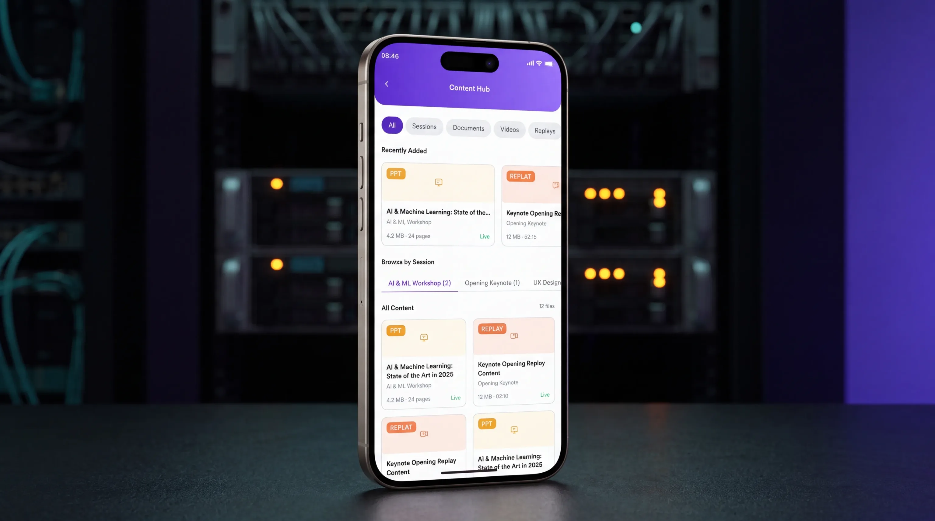 A phone showing the content hub in the eBrainGo attendee app