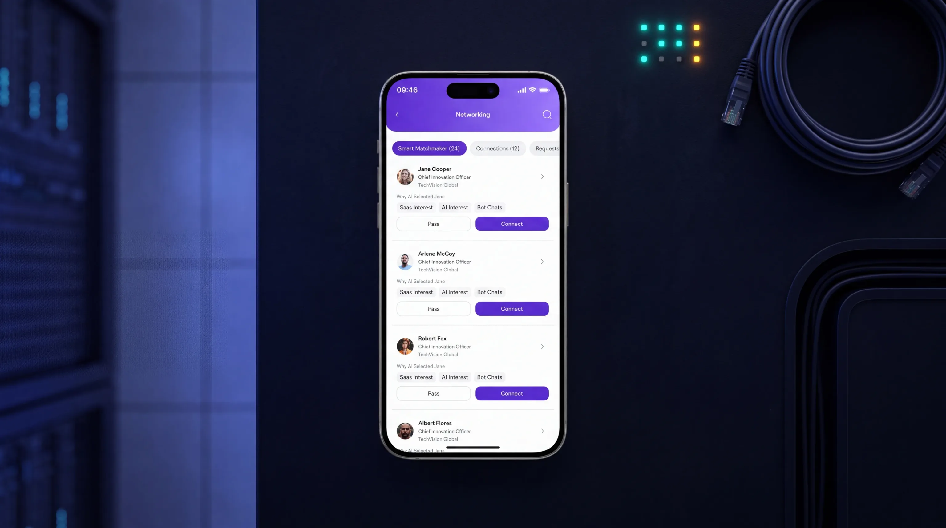 A phone showing eBrainGo networking with connection requests between attendees
