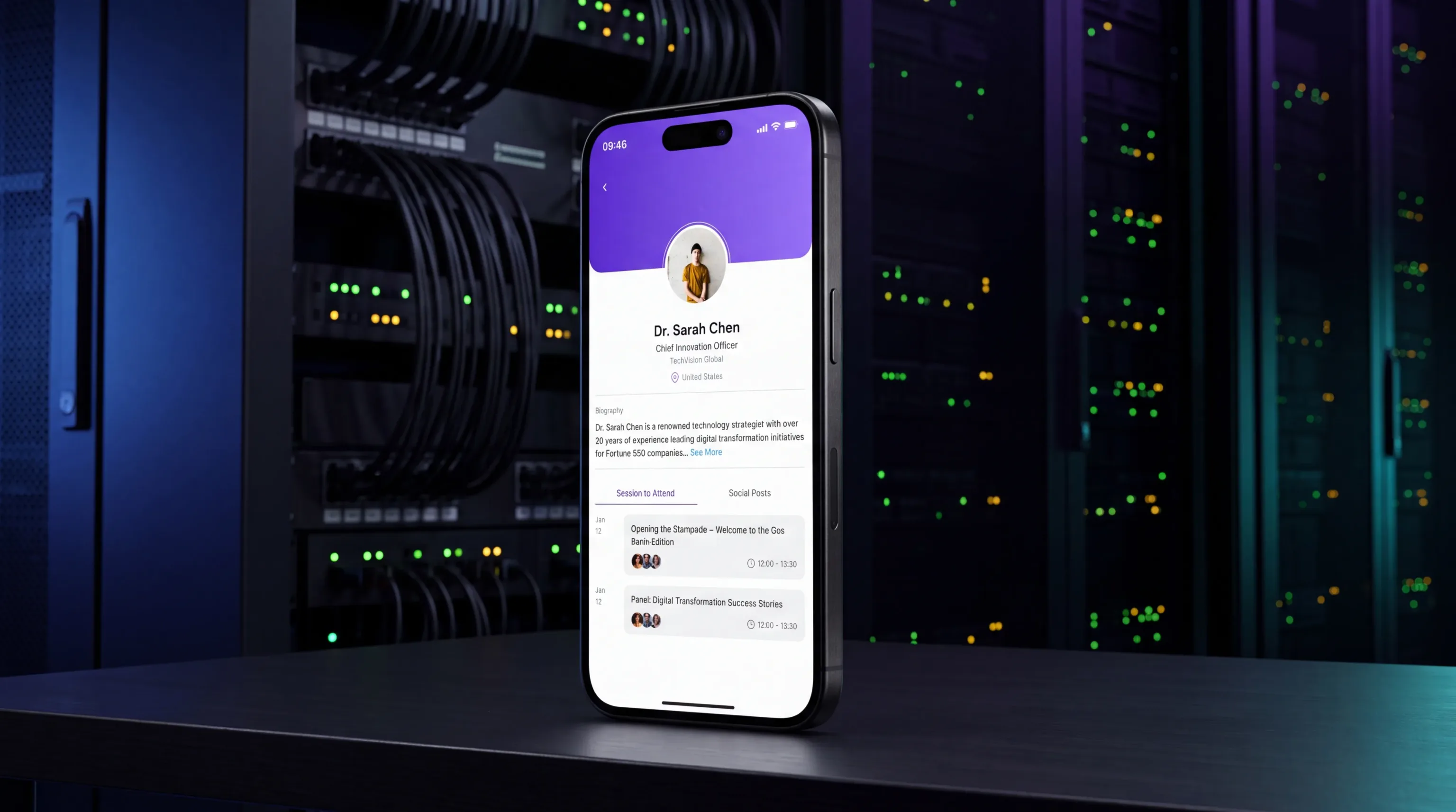 A phone showing eBrainGo speaker profiles with linked sessions
