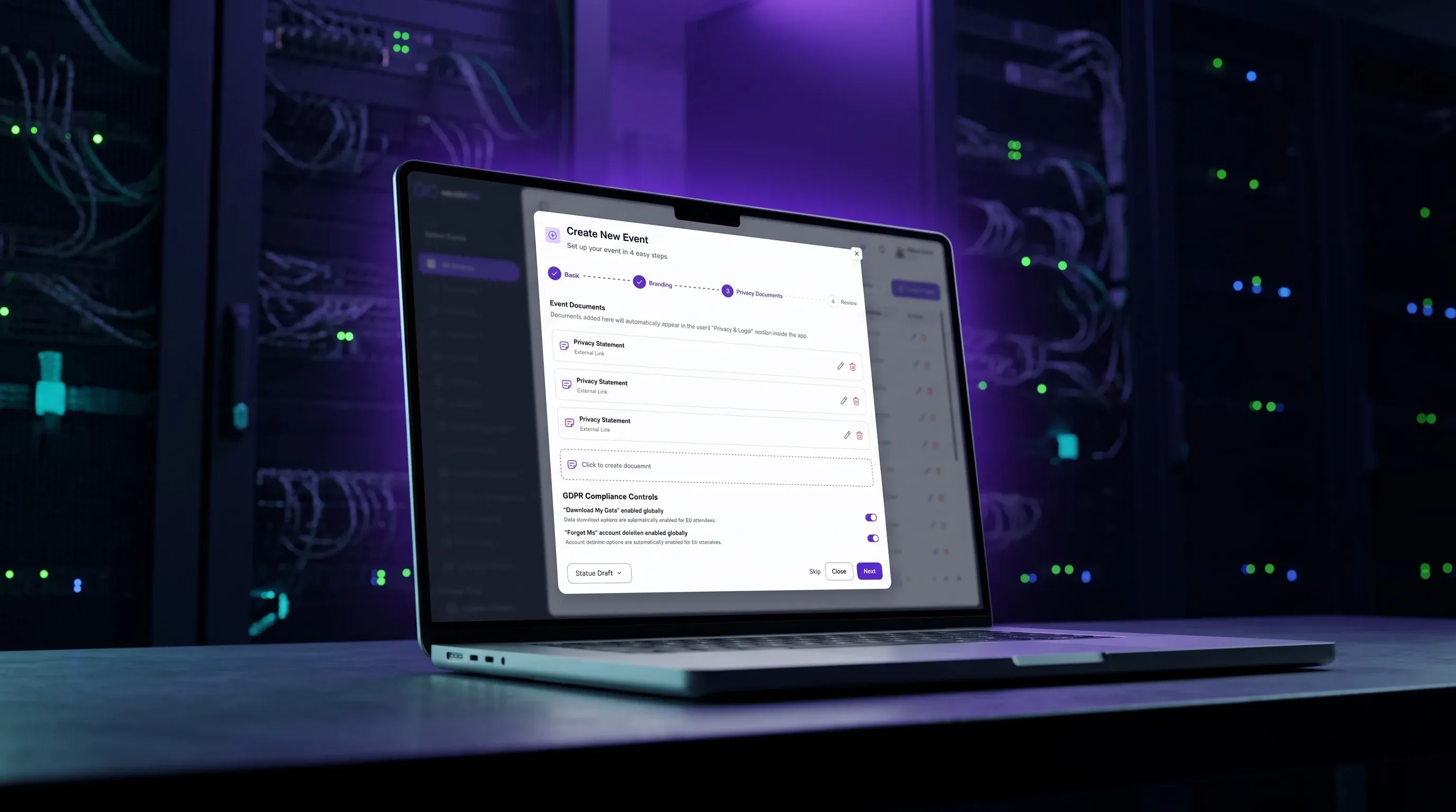 A laptop showing legal documents and consent workflows in the eBrainGo admin dashboard