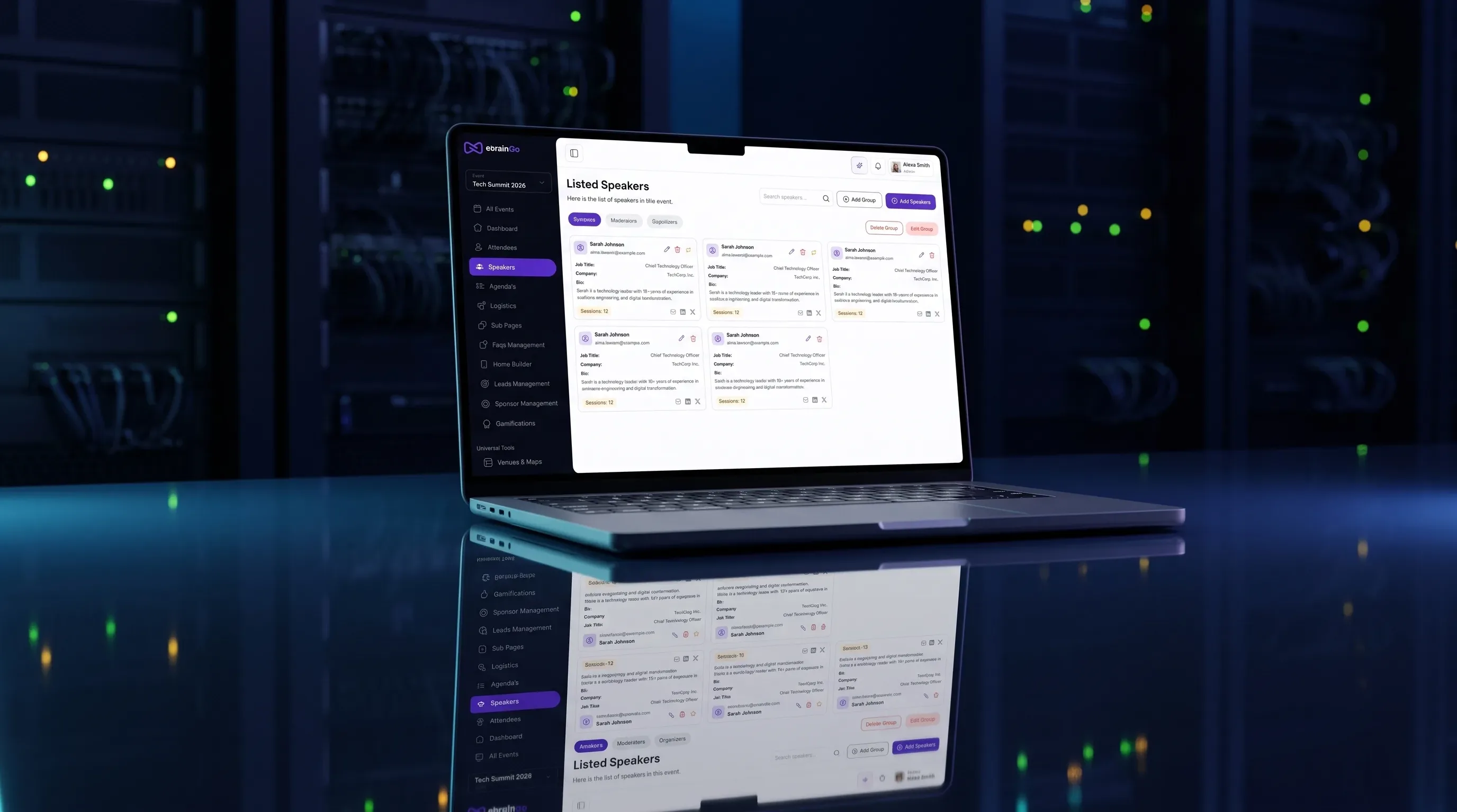 A laptop showing the eBrainGo speaker and participant list with profiles and session assignments