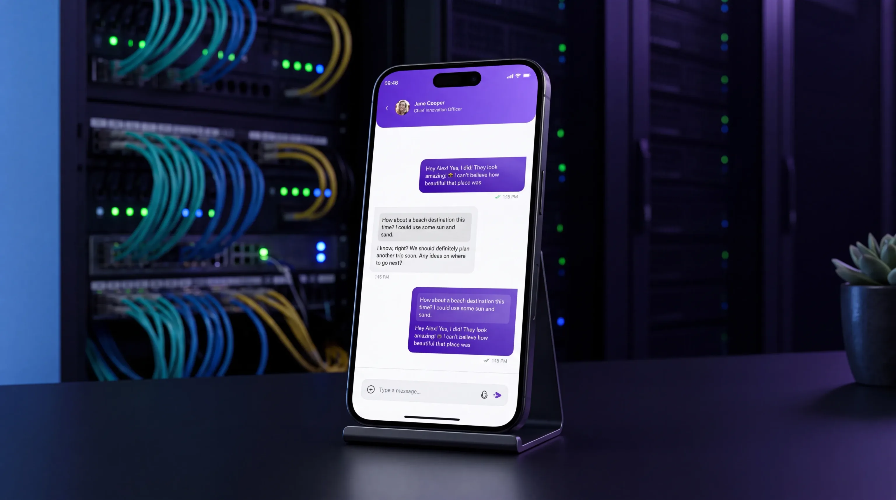 A phone showing in-app chat in the eBrainGo attendee app