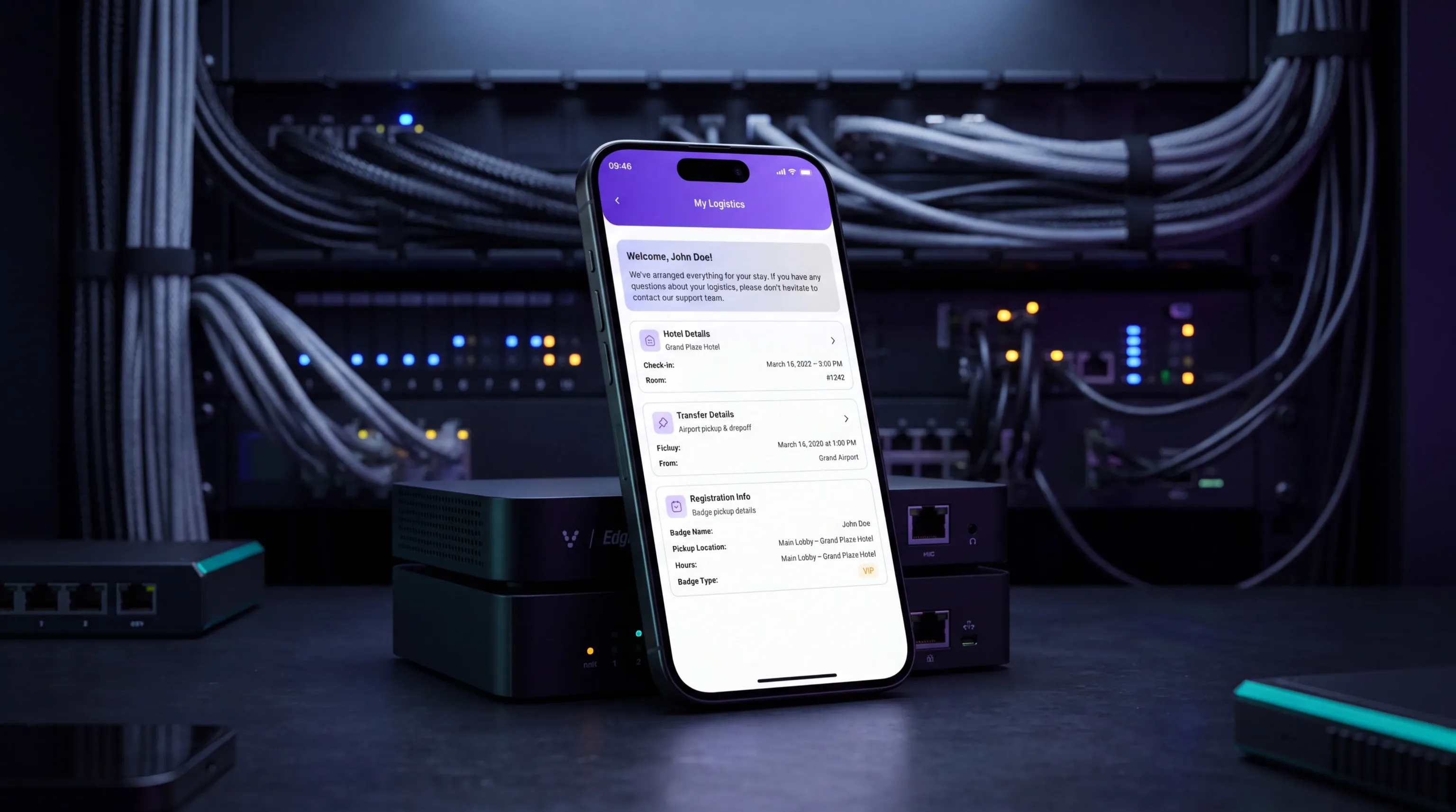 A phone showing personal logistics details in the eBrainGo attendee app