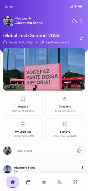 The eBrainGo attendee app home screen showing the event banner, a personalized agenda and quick links to speakers and logistics